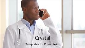  Presentation with doctor african - Cool new PPT layouts with handsome african american doctor talking on mobile phone in hospital backdrop and a light gray colored foreground