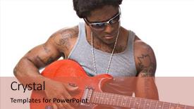  Presentation with rock star - Audience pleasing presentation theme consisting of handsome african-american male rock star with an electric guitar backdrop and a red colored foreground