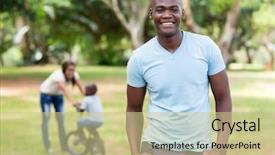  Presentation with african american church family - PPT layouts featuring handsome african american man standing background and a soft green colored foreground