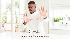  Presentation with panic - Presentation design consisting of handsome african american man on white table afraid and terrified with fear expression stop gesture with hands shouting in shock panic concept background and a sky blue colored foreground