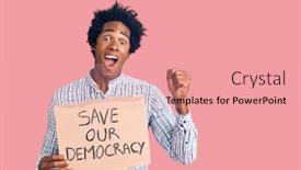  Presentation with democracy - Beautiful PPT theme featuring handsome-african-american-man backdrop and a coral colored foreground