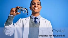  Presentation with optometry - Beautiful presentation design featuring handsome-african-american-optical-man backdrop and a light blue colored foreground