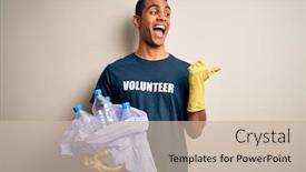  Presentation with plastic recycling - Presentation consisting of handsome-african-american-volunteer-man background and a soft green colored foreground