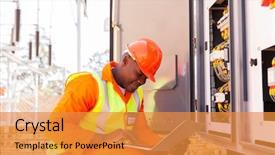  Presentation with electrical engineer - Beautiful slide set featuring handsome african electrical engineer working backdrop and a gold colored foreground
