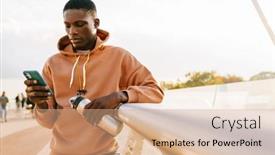  Presentation with water bottle - Cool new PPT theme with handsome-african-sportsman-using-mobile backdrop and a coral colored foreground