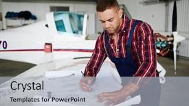  Presentation with hangar - Presentation featuring handsome aircraft engineer reading blueprints background and a light blue colored foreground
