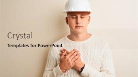  Presentation with health security - PPT layouts having handsome architect man wearing security helmet standing over isolated white background smiling with hands on chest with closed eyes and grateful gesture on face health concept background and a lemonade colored foreground