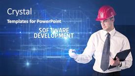  Presentation with new technology - Colorful presentation design enhanced with handsome-architect-with-helmet-drawing backdrop and a ocean colored foreground