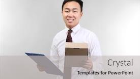  Presentation with box carton - Audience pleasing PPT theme consisting of handsome-asian-man-with-clipboard backdrop and a light gray colored foreground