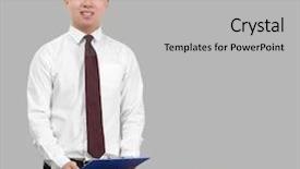  Presentation with boxes light - Slides enhanced with handsome-asian-man-with-clipboard background and a light gray colored foreground