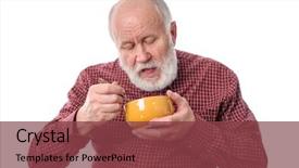  Presentation with bald - Presentation with handsome bald and bearded senior man eating something from orange ceramic bowl isolated on white background background and a tawny brown colored foreground