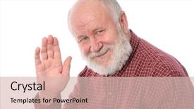  Presentation with wave - Cool new presentation design with handsome bald and bearded senior man shows wave hello upgesture isolated on white background backdrop and a lemonade colored foreground