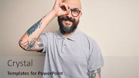  Presentation with polo - Colorful PPT theme enhanced with handsome-bald-man-with-beard backdrop and a light gray colored foreground