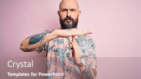  Presentation with tattoo - PPT theme enhanced with handsome-bald-man-with-beard background and a coral colored foreground