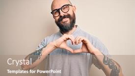  Presentation with polo - Beautiful PPT theme featuring handsome-bald-man-with-beard backdrop and a coral colored foreground