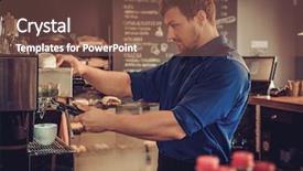  Presentation with coffee shop - Presentation theme having handsome barista preparing cup background and a violet colored foreground
