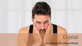  Presentation with aged care - Colorful slide set enhanced with sensible - handsome bearded middle aged man backdrop and a coral colored foreground