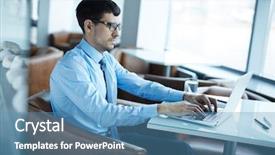  Presentation with trader - Amazing presentation design having handsome bearded trader analyzing financial market via laptop while sitting in spacious office lobby with panoramic windows backdrop and a teal colored foreground