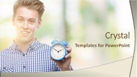  Presentation with alarm - Colorful PPT layouts enhanced with handsome blond man holding alarm backdrop and a soft green colored foreground