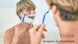  Presentation with razor - Slide set with handsome-blond-man-looking background and a coral colored foreground