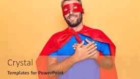  Presentation with hero mask - Audience pleasing presentation design consisting of handsome-blond-man-wearing-super backdrop and a yellow colored foreground