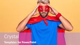  Presentation with super man - Presentation theme with handsome-blond-man-wearing-super background and a cobalt blue colored foreground
