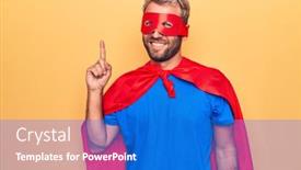  Presentation with super man - Presentation theme enhanced with handsome-blond-man-wearing-super background and a cobalt blue colored foreground