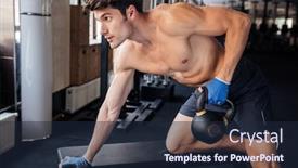  Presentation with gym ball - Amazing PPT theme having handsome bodybuilder man workout with kettle ball on the bench at gym backdrop and a wine colored foreground