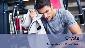  Presentation with brutal strong bodybuilder athletic fitness - Presentation consisting of handsome bodybuilder wipes the sweat background and a teal colored foreground