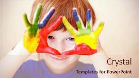 Presentation with colorful finger painted hands - PPT layouts with handsome boy shows his hands background and a lemonade colored foreground