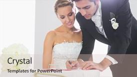  Presentation with wedding cartoon - Slide deck enhanced with handsome bridegroom signing wedding contract background and a soft green colored foreground