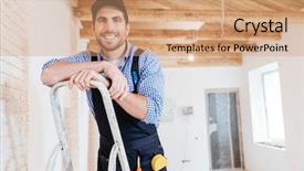  Presentation with holding hands - PPT theme enhanced with handsome builder smilling and holding background and a coral colored foreground