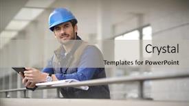  Presentation with building modeling information - Presentation theme having handsome building expert in hardhat background and a  colored foreground