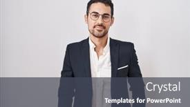  Presentation with simple business - PPT theme having handsome-business-hispanic-man-standing background and a dark gray colored foreground