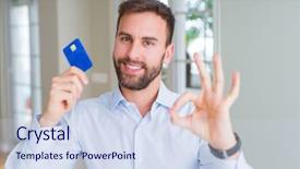  Presentation with business card - Slide deck enhanced with handsome business man holding credit background and a sky blue colored foreground