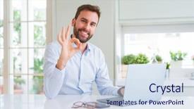  Presentation with business environment using laptops globe - Slide set consisting of handsome business man working using background and a sky blue colored foreground