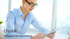  Presentation with possibilities - Beautiful slide deck featuring handsome business student studying the possibilities of modern technologies backdrop and a light blue colored foreground