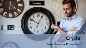  Presentation with time - Cool new theme with handsome businessman checking the time backdrop and a light blue colored foreground