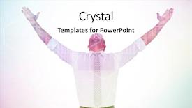  Presentation with towers - Theme having handsome businessman cheering with arms up against server room with towers background and a white colored foreground