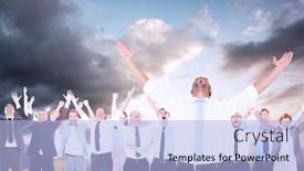  Presentation with blue orange - Presentation theme with handsome businessman cheering with arms up against blue and orange sky with clouds background and a light blue colored foreground