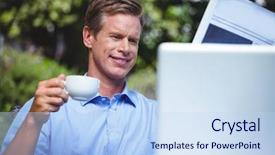  Presentation with reading table - Beautiful PPT layouts featuring handsome businessman having coffee and reading the news sitting at a table outside backdrop and a sky blue colored foreground