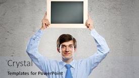  Presentation with frame - Colorful presentation design enhanced with handsome businessman holding blank frame place for text backdrop and a light blue colored foreground