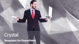  Presentation with laptop - PPT theme consisting of his laptop against grey angular background and a gray colored foreground