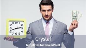  Presentation with clock - Beautiful slide set featuring handsome businessman holding money backdrop and a gray colored foreground