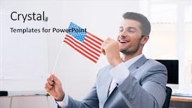  Presentation with usa flag and energy - Cool new slide deck with handsome businessman holding usa flag backdrop and a sky blue colored foreground