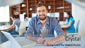  Presentation with camera - Amazing presentation having handsome businessman in casual looking backdrop and a light blue colored foreground