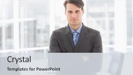  Presentation with board meeting room chairs - Presentation design consisting of handsome businessman leaning on board background and a  colored foreground