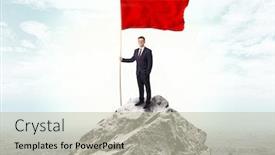  Presentation with mountain top - Presentation consisting of handsome businessman on the top of the mountain with red flag background and a soft green colored foreground