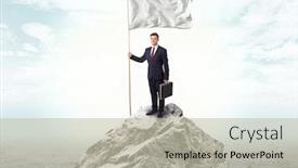  Presentation with mountain top - Audience pleasing presentation consisting of handsome businessman on the top of the mountain with white flag backdrop and a soft green colored foreground