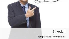  Presentation with thought - Slides having handsome businessman pointing to the blank thought bubble isolated on a white background background and a white colored foreground